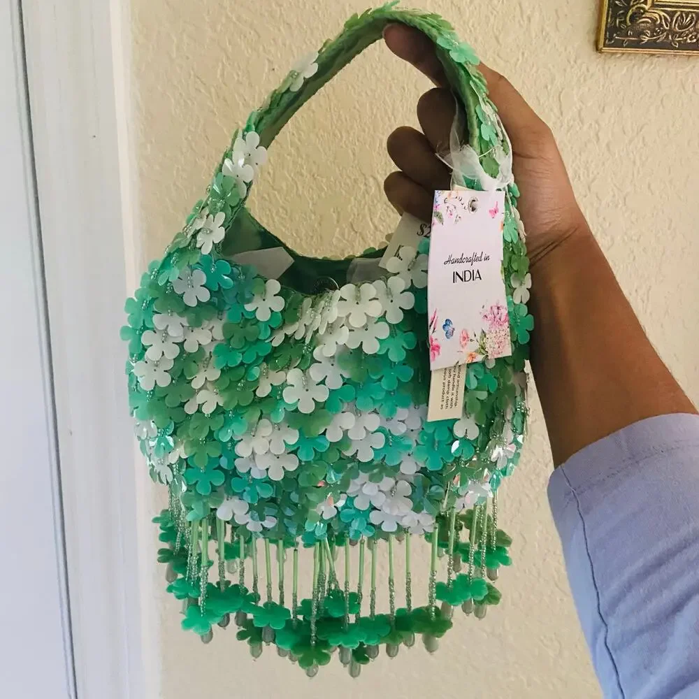 Viral Made in India Green Beaded Floral Handbag -- NWT